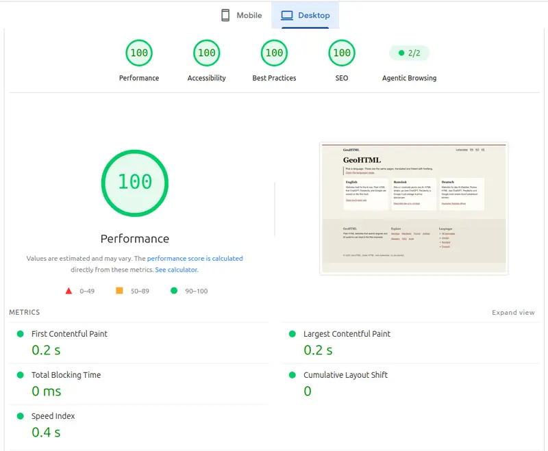Google PageSpeed Insights con un punteggio perfetto di 100 su desktop per GeoHTML